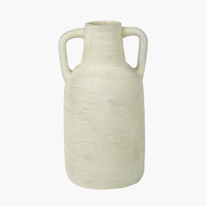 White Textured Terracotta Decorative Vase with Handles Large