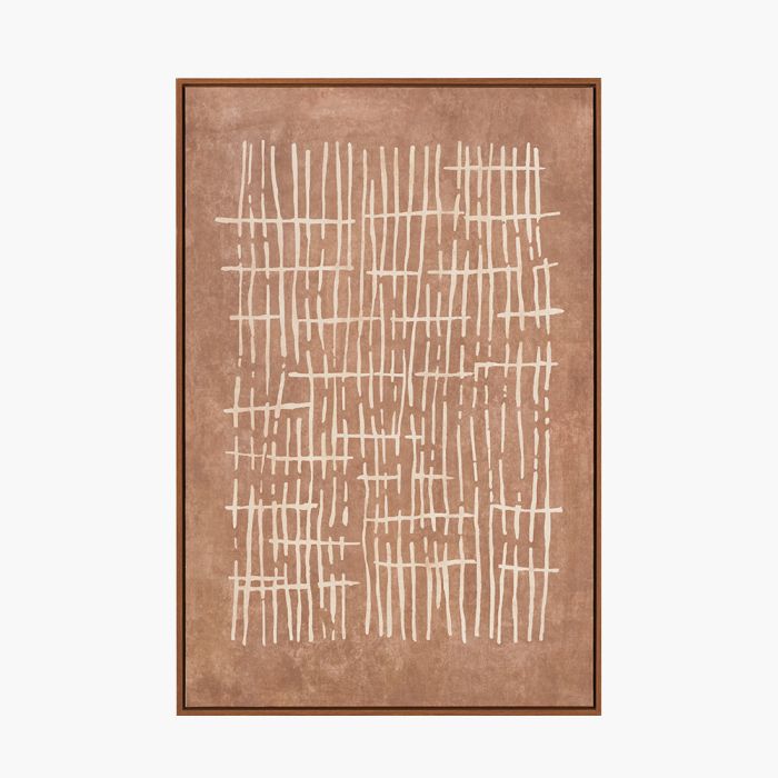 Brown and Natural Abstract Linear Design Canvas with Oak Effect Frame