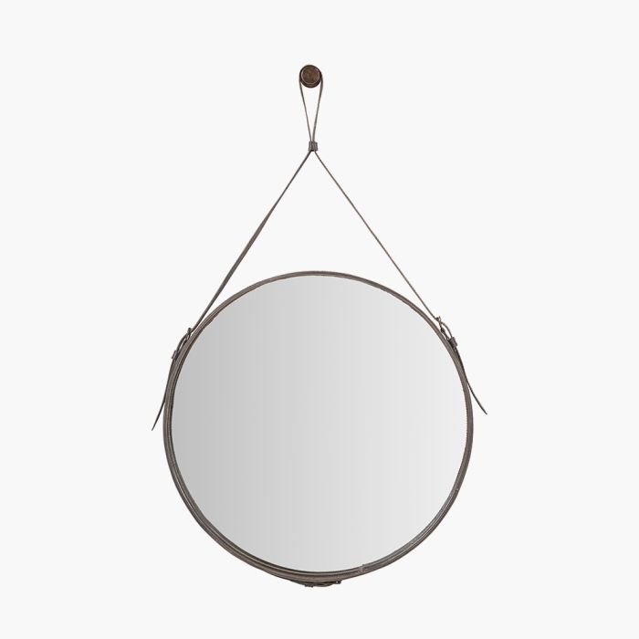 Peppercorn Leather Frame Round Wall Mirror