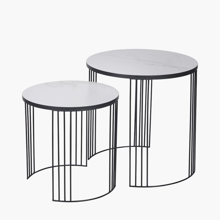 Atri Set of 2 White Marble Veneer and Black Metal Side Tables