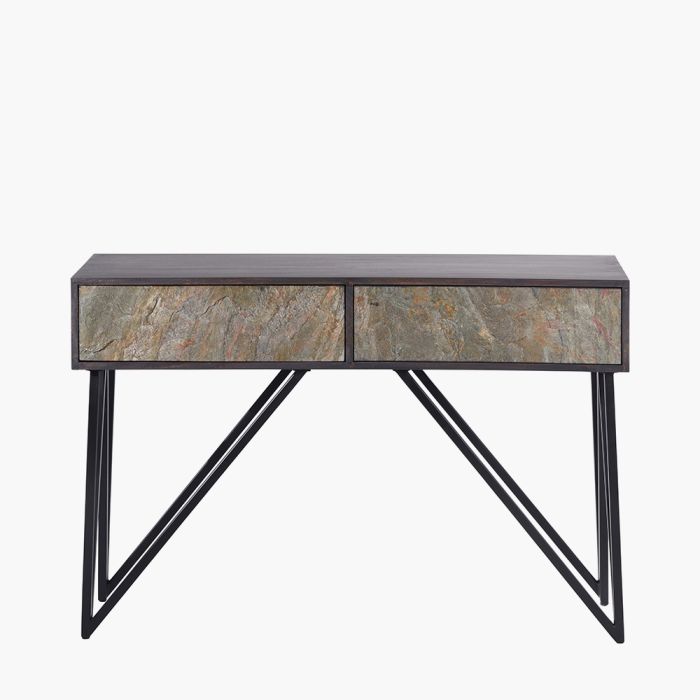 Verde Black Mango Wood and Stone Veneer 2 Drawer Console Table 