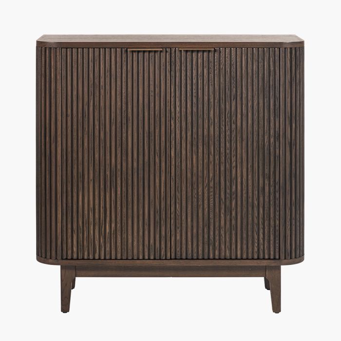 Raie Dark Brown Ribbed Oak and Pine Wood 2 Door Bar Cabinet
