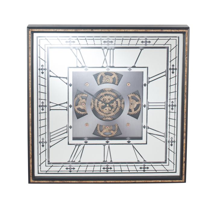 Antique Gold Wood & Mirror Square Working Cog Wall Clock