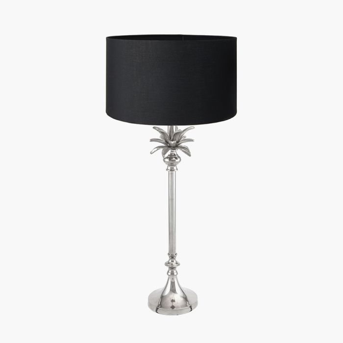 Trafalgar Nickel Metal Palm Tree Table Lamp Base with Harry 30cm Black Cotton Mix Cylinder Lampshade
