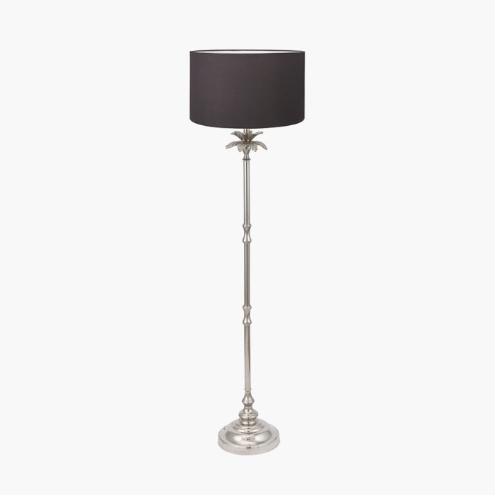 Trafalgar Nickel Metal Palm Tree Floor Lamp Base with Henry 45cm Grey Handloom Cylinder Lampshade