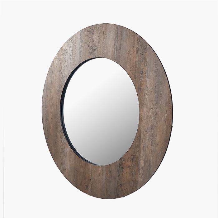 Brown Wood Veneer Round Wall Mirror