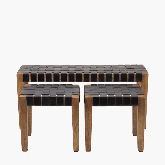Set of three Claudio Black Woven Leather and Wood Bench and Stools