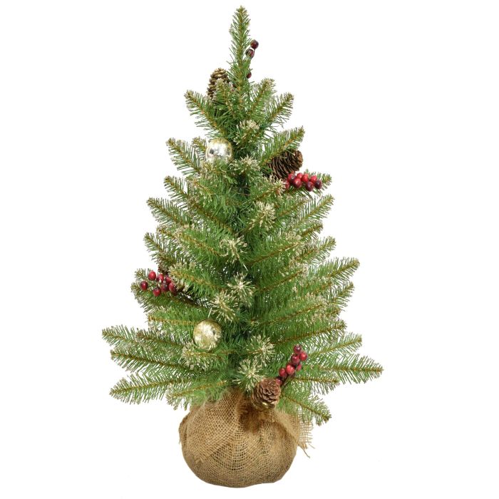 Glittery Gold Dunhill 2ft Artificial Christmas Tree In Burlap Base With Red Berries, Cones & Gold Ornaments