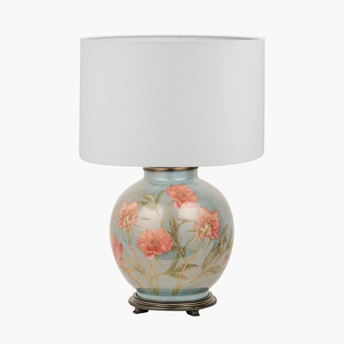 Coral Peony Large Glass Table Lamp Base with Lino 40cm White Self Lined Linen Cylinder Lampshade