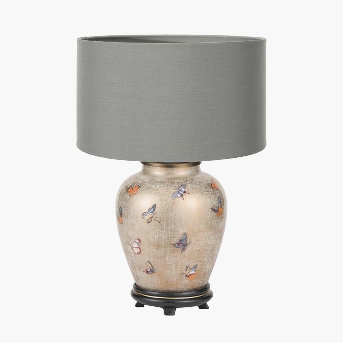 Butterflies Small Glass Table Lamp Base with Harry 25cm Steel Grey Cotton Mix Cylinder Lampshade