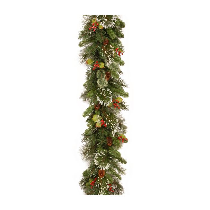 Wintry Pine 9ft x 10"  Artificial Garland With Cones, Red Berries & Snowflakes