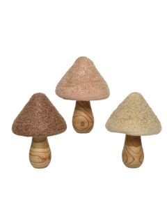 Mushroom with Wood Stem and Glitter Wool Dome
