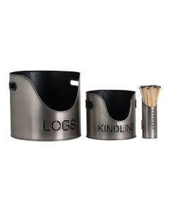 Pewter Finish Logs And Kindling Buckets & Matchstick Holder