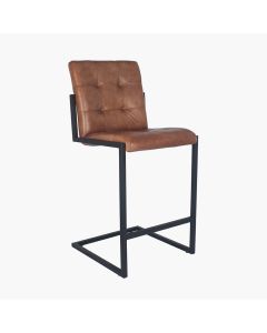 Arlo Vintage Brown Leather and Black Metal Stitched Back Bar Stool