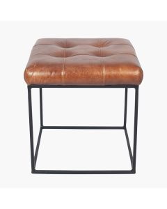 Arlo Vintage Brown Leather and Black Metal Stitched Seat Stool