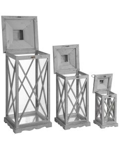 Set Of Three Wooden Hurricane Lanterns With Traditional Cross Section