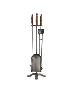 Hand Turned Fire Companion Set In Antique Pewter With Wooden Handles