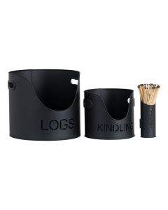 Black Finish Logs And Kindling Buckets & Matchstick Holder