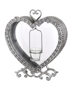 Free Standing Heart Tealight Lantern in Antique Silver