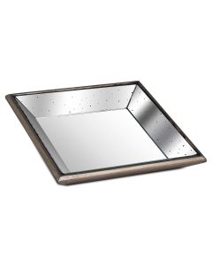 Astor Distressed Mirrored Square Tray W/Wooden Detailing Sml
