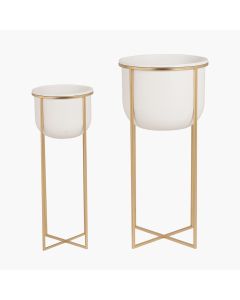 Set of 2 White and Gold Metal Planters