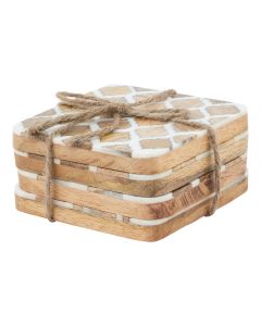 Set Of 4 Wood Effect White Geometric Coasters