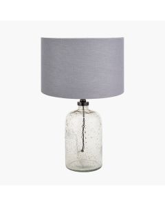 Ophelia Small Grey Bubble Glass Table Lamp Base with Lino 30cm Steel Grey Self Lined Linen Cylinder Lampshade