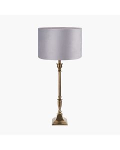 Canterbury Antique Brass Metal Table Lamp Base with Rene 35cm Light Grey Velvet Cylinder Lampshade