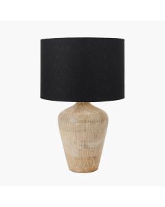 Taika White Wash Textured Wood Table Lamp Base with Lino 40cm Black Self Lined Linen Cylinder Lampshade