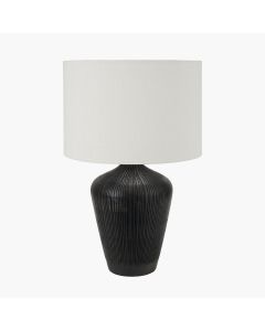 Taika Antique Black Textured Wood Table Lamp Base with Lino 40cm White Self Lined Linen Cylinder Lampshade