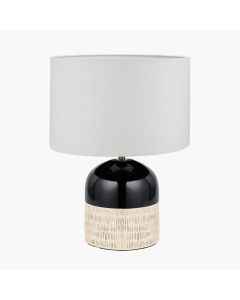 Lotta Black and Natural Stoneware Table Lamp Base with Lino 35cm White Self Lined Linen Cylinder Lampshade