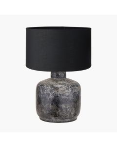 Vulcan Textured Volcanic Effect Grey Small Stoneware Table Lamp Base with Harry 30cm Black Cotton Mix Cylinder Lampshade