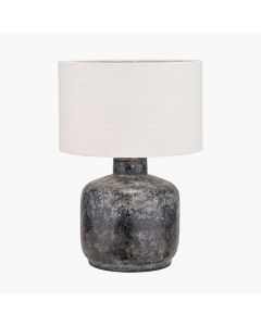 Vulcan Textured Volcanic Effect Grey Small Stoneware Table Lamp Base with Lino 25cm White Self Lined Linen Cylinder Lampshade