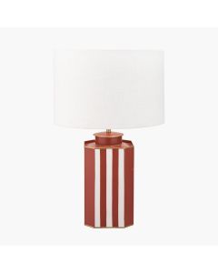 Raya Cinnamon and White Hand Painted Metal Table Lamp Base with Lino 40cm White Self Lined Linen Cylinder Lampshade