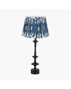 Emilio Matt Black Candlestick Table Lamp Base with Izara 35cm Ocean Blue Ikat Patterned Mushroom Pleat Tapered Lampshade
