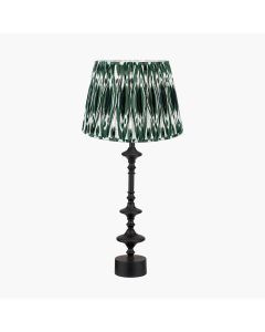 Emilio Matt Black Candlestick Table Lamp Base with Izara 35cm Racing Green Ikat Patterned Mushroom Pleat Tapered Lampshade