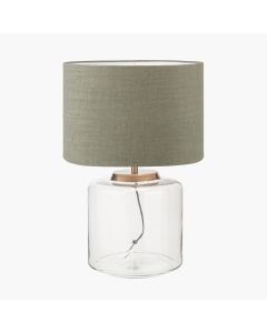 Josie Clear Glass and Antique Brass Metal Large Table Lamp Base with Edward 40cm Pistachio Green Linen Cylinder Lampshade