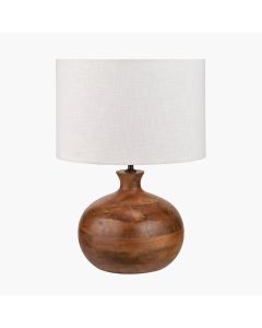 Kiah Brown Oiled Finish Mango Wood Round Table Lamp Base with Lino 40cm White Self Lined Linen Cylinder Lampshade