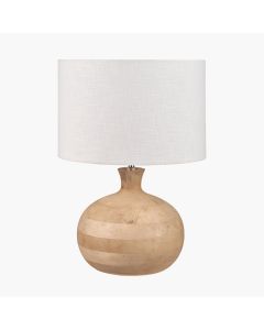 Kiah Natural Mango Wood Round Table Lamp Base with Lino 40cm White Self Lined Linen Cylinder Lampshade