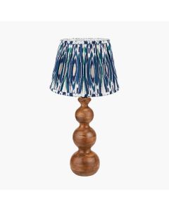Nyari Brown Oiled Finish Mango Wood 3 Ball Design Table Lamp Base with Izara 40cm Ocean Blue Ikat Patterned Mushroom Pleat Tapered Lampshade