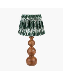 Nyari Brown Oiled Finish Mango Wood 3 Ball Design Table Lamp Base with Izara 40cm Racing Green Ikat Patterned Mushroom Pleat Tapered Lampshade