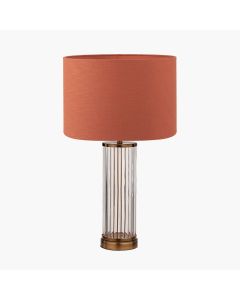 Ciara Clear Glass and Antique Brass Metal Table Lamp Base with Lino 35cm Cinnamon Self Lined Linen Cylinder Lampshade