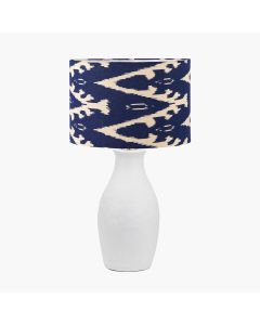 Eirene White Textured Stoneware Table Lamp Base with Lars 40cm Ocean Blue Ikat Patterned Cylinder Lampshade