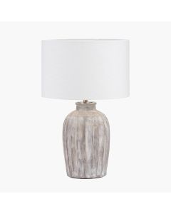 Ambrosia Natural Grooved Stoneware Table Lamp Base with Lino 35cm White Self Lined Linen Cylinder Lampshade