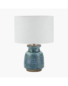 Theano Dot Design Blue Glaze Table Lamp Base with Lino 30cm White Self Lined Linen Cylinder Lampshade