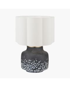 Etna Black and White Glass Table Lamp Base with Bloom 40cm White Handloom Scalloped Cylinder Lampshade