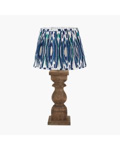 Kavya Antique Brown Turned Wood Table Lamp Base with Izara 45cm Ocean Blue Ikat Patterned Mushroom Pleat Tapered Lampshade