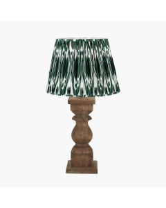 Kavya Antique Brown Turned Wood Table Lamp Base with Izara 45cm Racing Green Ikat Patterned Mushroom Pleat Tapered Lampshade