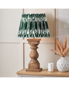 Kavya Antique Brown Turned Wood Table Lamp Base with Izara 45cm Racing Green Ikat Patterned Mushroom Pleat Tapered Lampshade