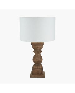Kavya Antique Brown Turned Wood Table Lamp Base with Lino 45cm White Self Lined Linen Cylinder Lampshade